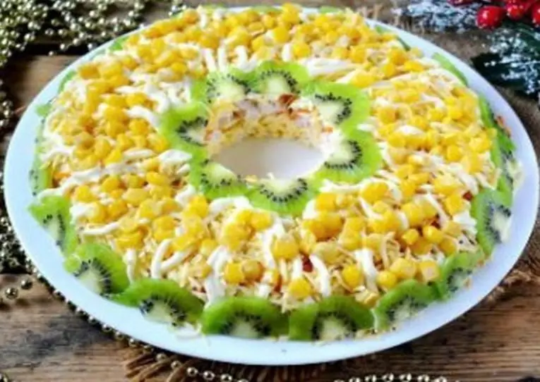 Kiwi salad. corn, chicken breast